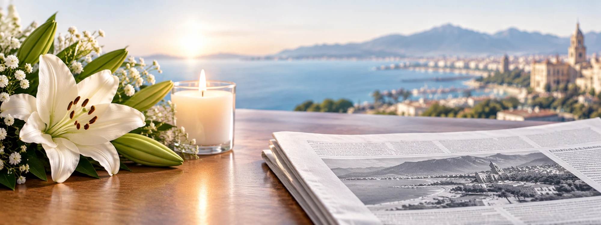 Lirio blanco, una vela encendida y un periódico sobre una mesa frente a la bahía de Málaga al amanecer